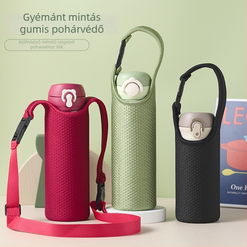Általános hőszigetelt pohárvédő Thermos üvegpohárhoz teához, védőtok keresztpánttal és hordozó zsinórral