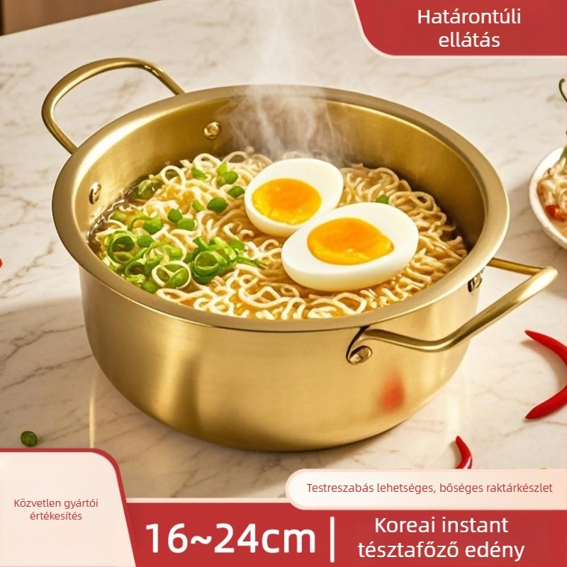 Rozsdamentes acél ramen fazék fedővel, kétfülű leveses fazék, koreai stílus, környezetbarát, korrózióálló, átmérő 18–22 cm, kapacitás 2.1–4 l