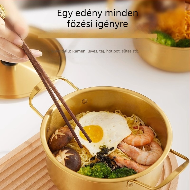 Rozsdamentes acél ramen fazék fedővel, kétfülű leveses fazék, koreai stílus, környezetbarát, korrózióálló, átmérő 18–22 cm, kapacitás 2.1–4 l