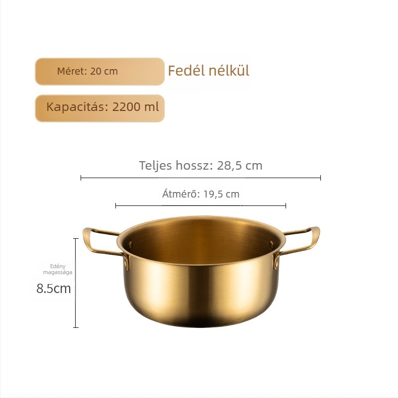 Rozsdamentes acél ramen fazék fedővel, kétfülű leveses fazék, koreai stílus, környezetbarát, korrózióálló, átmérő 18–22 cm, kapacitás 2.1–4 l