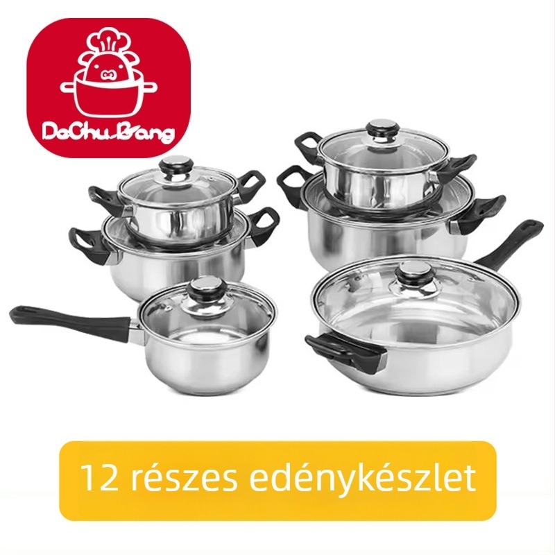 Vastagított aljú edénykészlet, 12 darabos, teáskannával — serpenyő, tejlábas, leveslábas