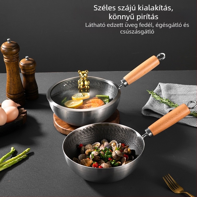 Egy személyes mini wok 316 rozsdamentes acélból, tapadásmentes bevonattal és üvegfedővel — kompakt, többfunkciós wok otthoni használatra