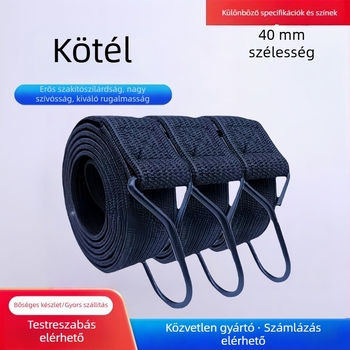 40 mm széles, megvastított rugalmas kötőöv kampókkal, fekete, hosszúságok: 1,2/3,4/5 m, teherbírás 70 kg