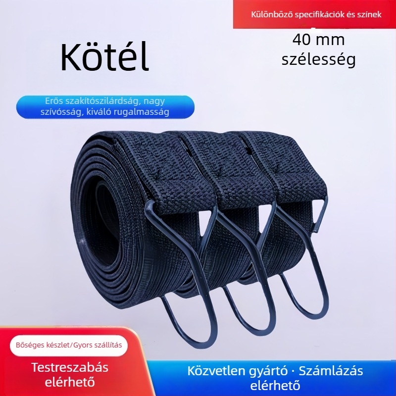 40 mm széles, megvastított rugalmas kötőöv kampókkal, fekete, hosszúságok: 1,2/3,4/5 m, teherbírás 70 kg