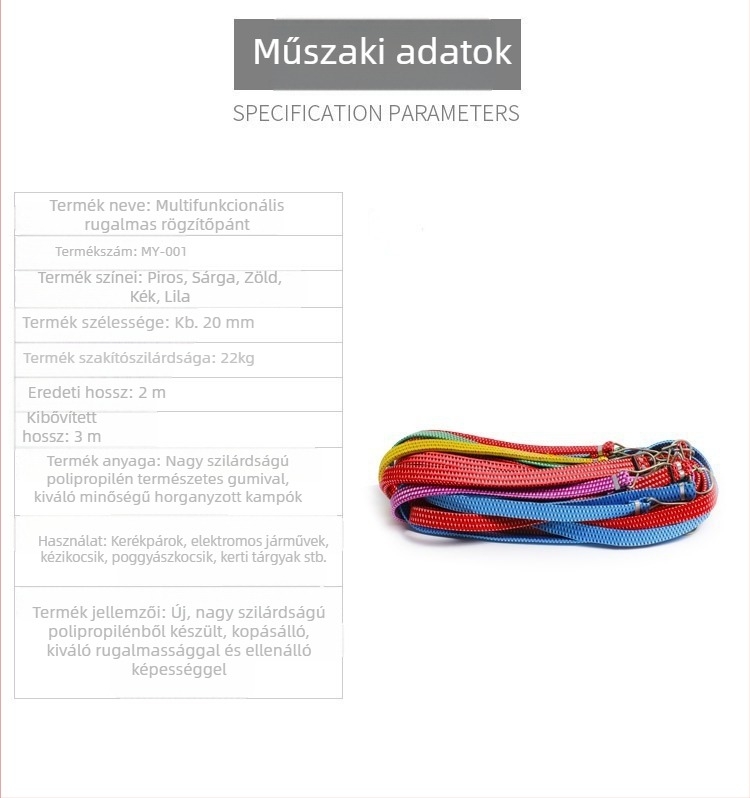 2 m hosszú rugalmas rögzítő heveder – erős kötélszalag poggyászhoz, 20 mm széles, gumis