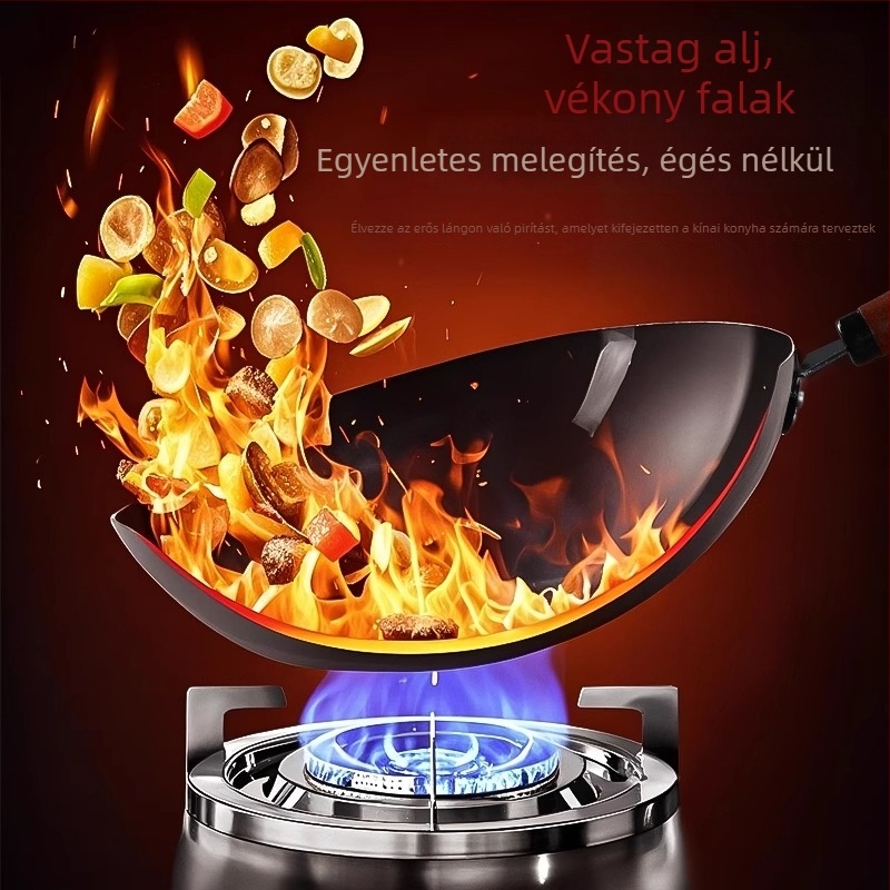 Zhangqiu hagyományos öntöttvas wok otthoni használatra, régi stílusú, fedetlen, gáztűzhelyhez alkalmas