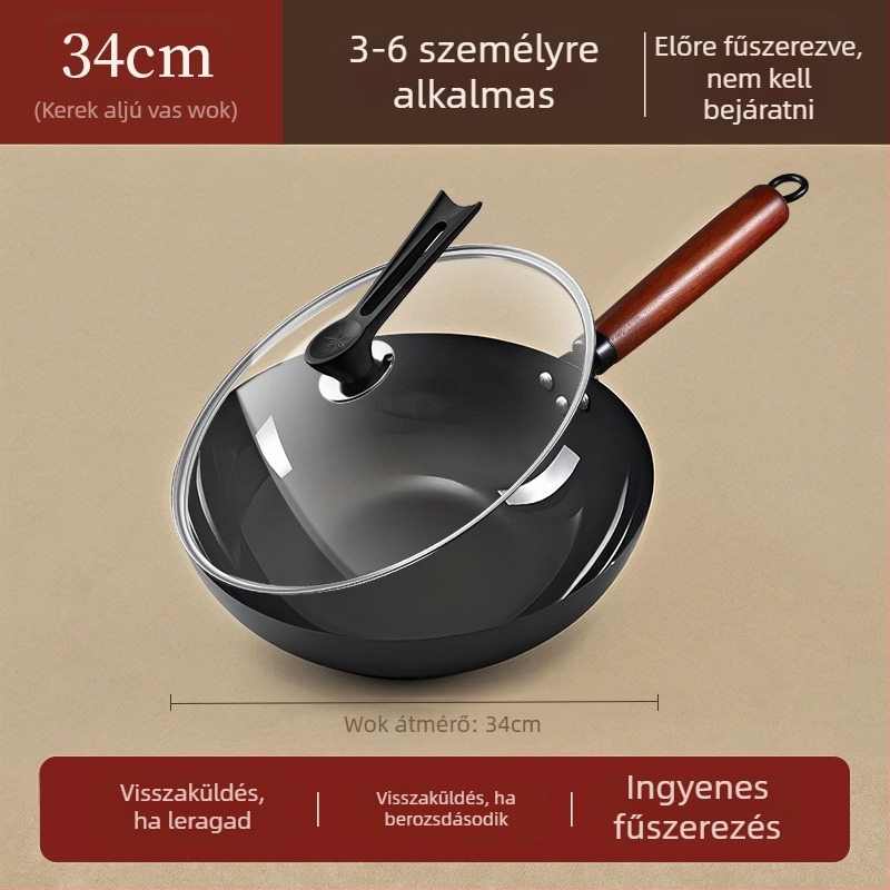 Zhangqiu hagyományos öntöttvas wok otthoni használatra, régi stílusú, fedetlen, gáztűzhelyhez alkalmas