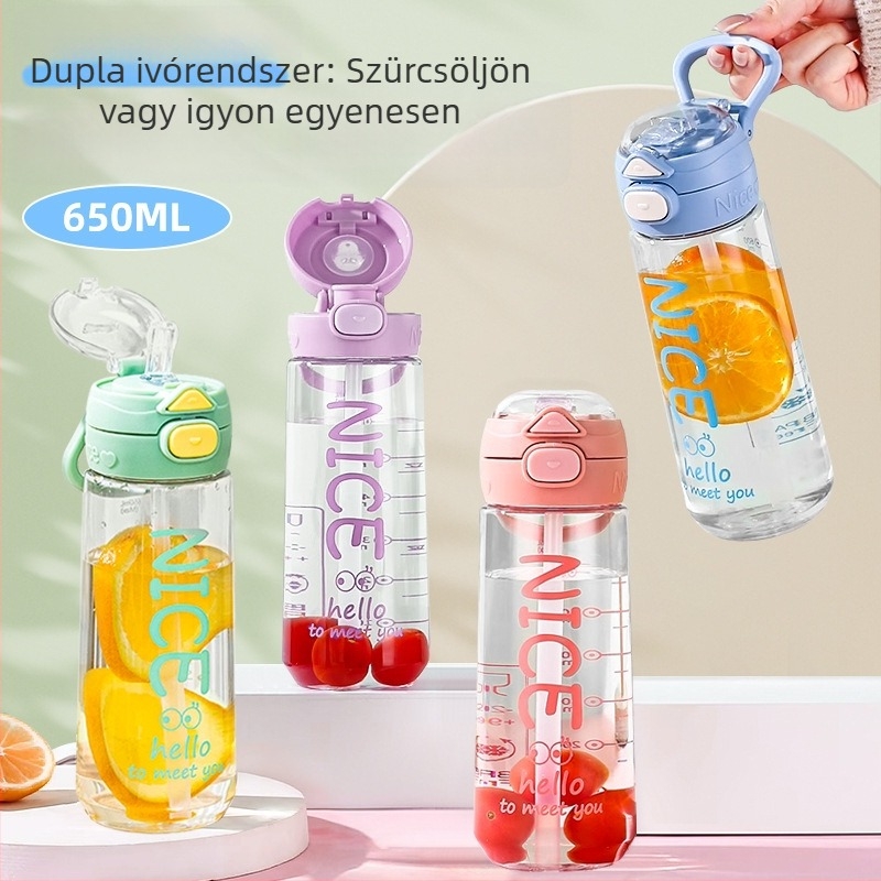 Gyerekeknek készült műanyag pohár szívószálas, élelmiszer-biztonságos, ütésálló, hordozó pánttal, ívelt formájú, iskolára