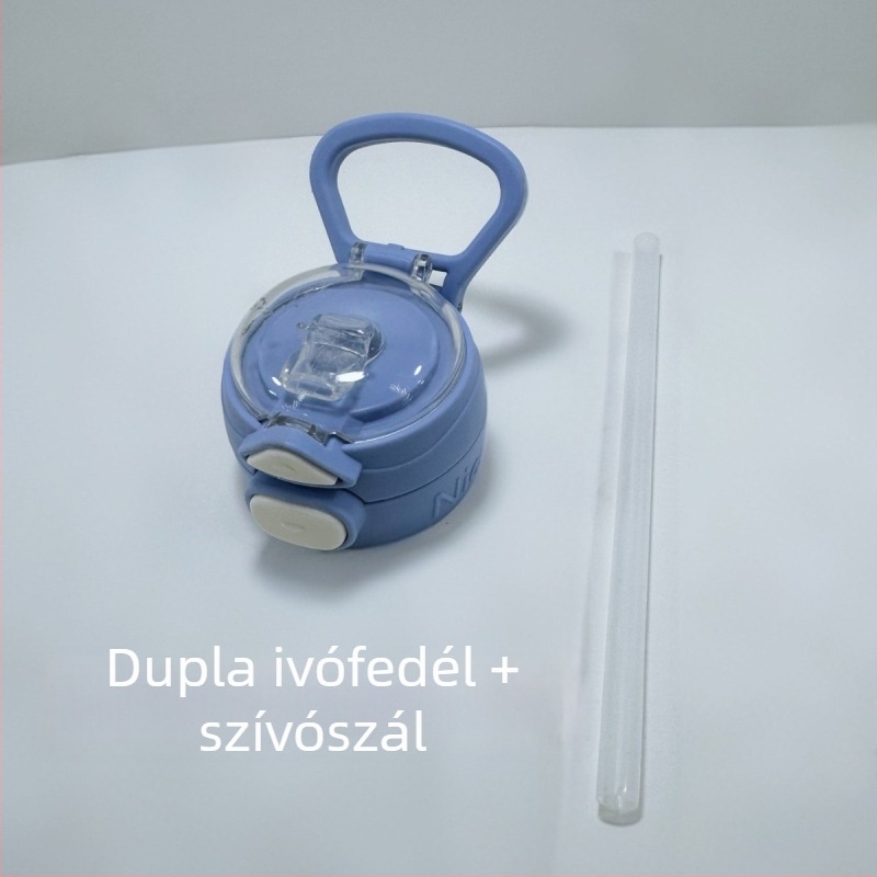 Gyerekeknek készült műanyag pohár szívószálas, élelmiszer-biztonságos, ütésálló, hordozó pánttal, ívelt formájú, iskolára