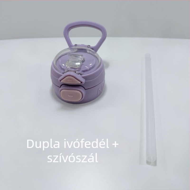 Gyerekeknek készült műanyag pohár szívószálas, élelmiszer-biztonságos, ütésálló, hordozó pánttal, ívelt formájú, iskolára