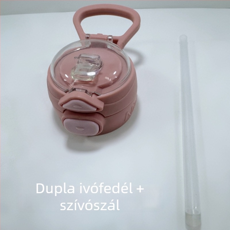 Gyerekeknek készült műanyag pohár szívószálas, élelmiszer-biztonságos, ütésálló, hordozó pánttal, ívelt formájú, iskolára