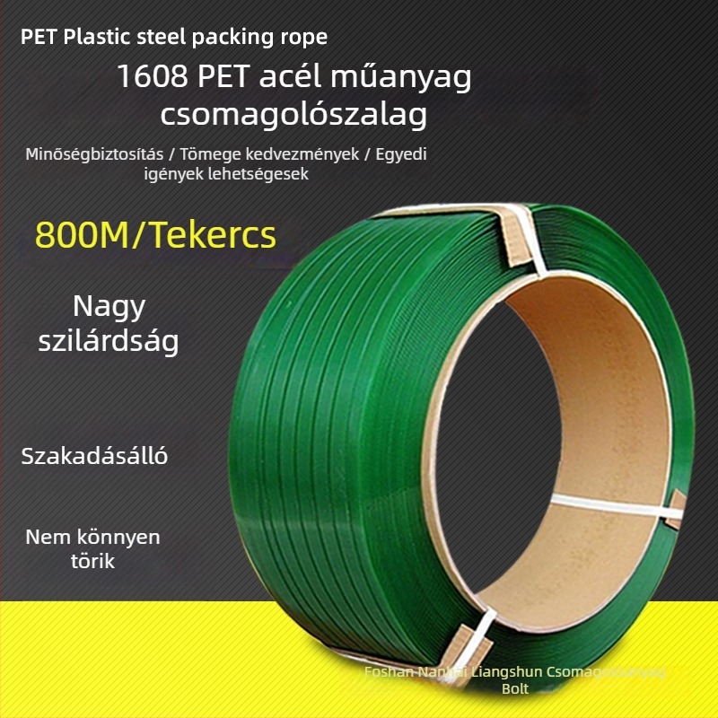 Zöld PET műanyag-acél tömítő kötöző szalag 1608, 800 m tekercs, 16 mm szélesség