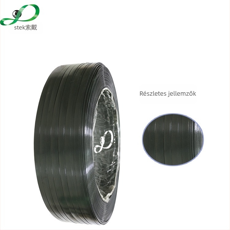 PET heveder 12mm x 0,8mm, zöld/fekete, nettó tömeg 20 kg, papírmag nélküli, acélcsövek kötegeléséhez