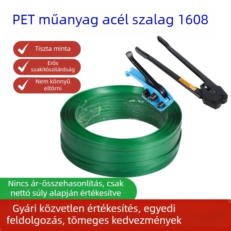 Személyre szabott PET műanyag‑acélszalag csomagoláshoz 1608, zöld, 16 mm x 0,8 mm, kézzel készített, 20 kg
