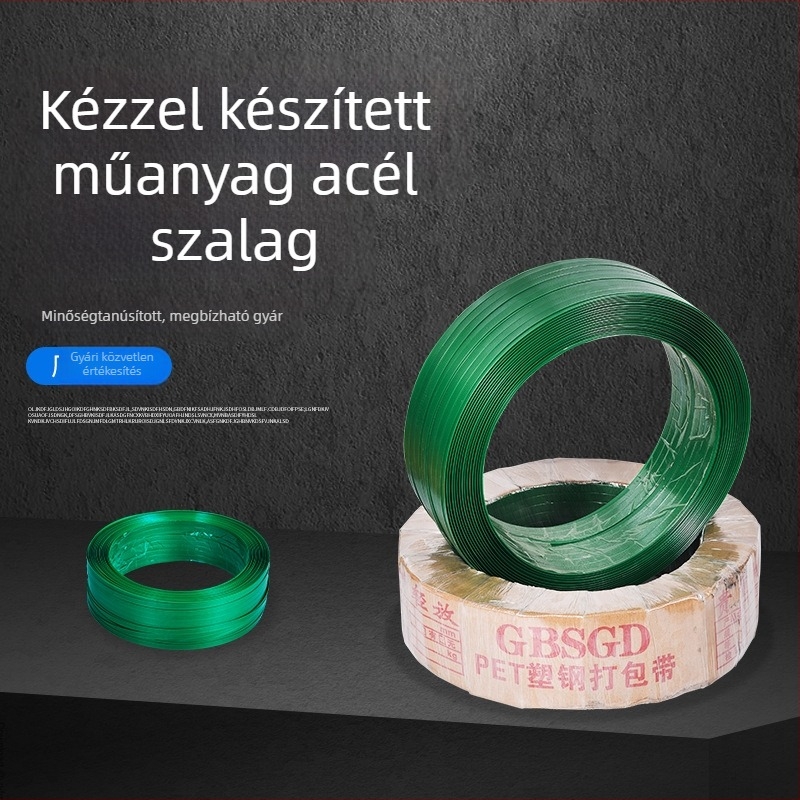 Személyre szabott PET műanyag‑acélszalag csomagoláshoz 1608, zöld, 16 mm x 0,8 mm, kézzel készített, 20 kg