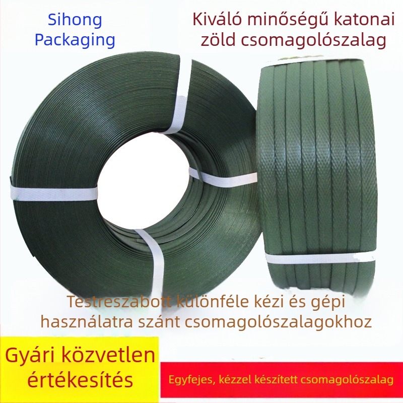 Katonai zöld színű csomagoló szalag, magas szakítószilárdságú PVC, 15 mm x 18 m, karton lezárásához