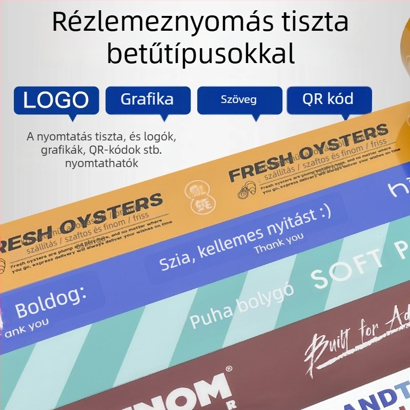 Csomagoló ragasztószalag logóval és QR kóddal, átlátszó BOPP, 50 mm x 100 m, 52 mm vastagság