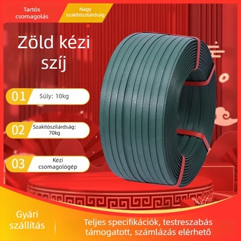 Zöld műanyag kötöző szalag, kézi kötött csomagoló szalag, áruk csomagolásához