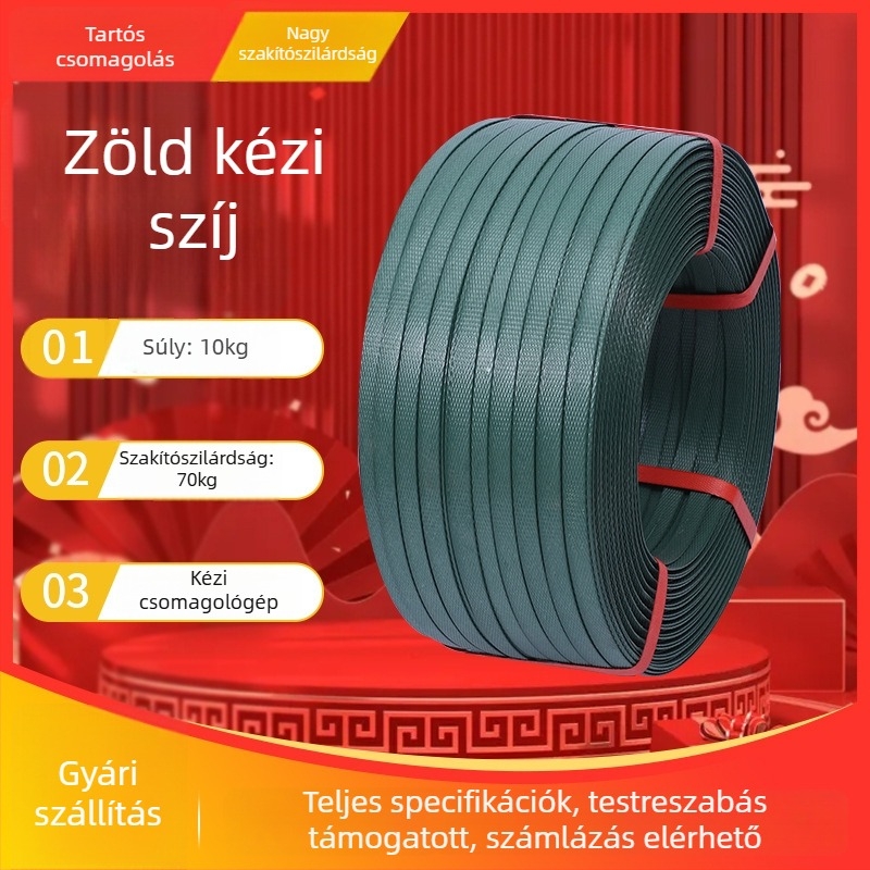 Zöld műanyag kötöző szalag, kézi kötött csomagoló szalag, áruk csomagolásához