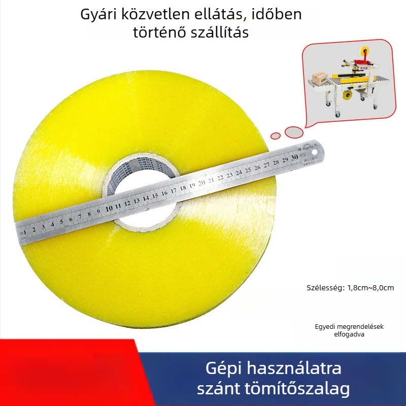 Automatikus csomagoló szalaggép logónyomtatással, átlátszó szalagon, 1000 m-es nagy tekercs, testreszabás
