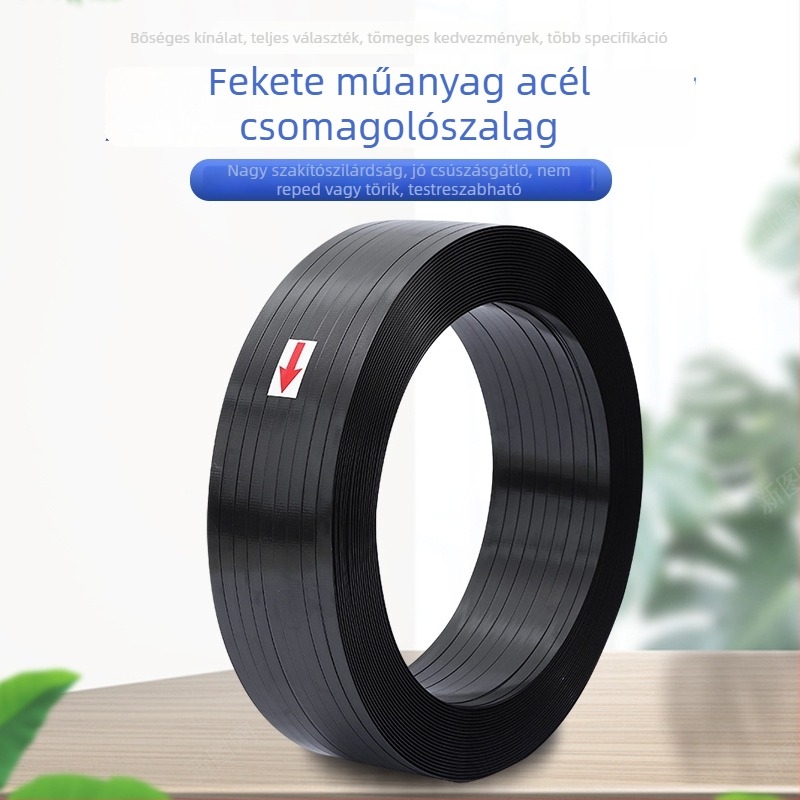 Fekete PET kézi csomagoló szalag, 1,2 mm vastagság, 406 mm belső átmérő