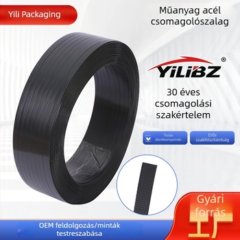 Fekete műanyag-vas csomagoló szalag, szőtt, hőre olvadó ragasztócsík