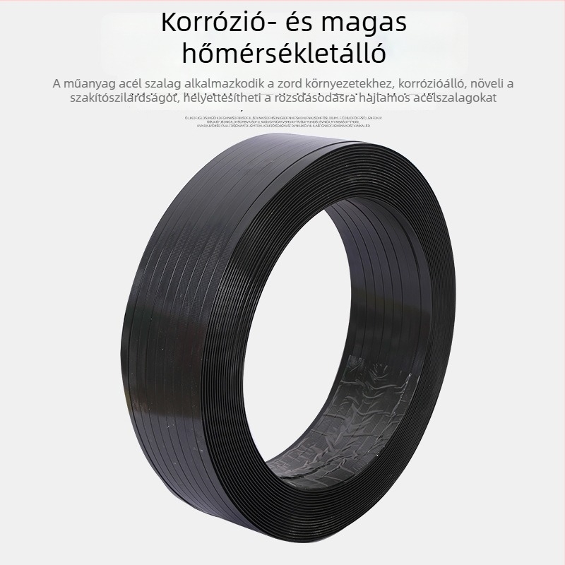 Fekete műanyag-vas csomagoló szalag, szőtt, hőre olvadó ragasztócsík