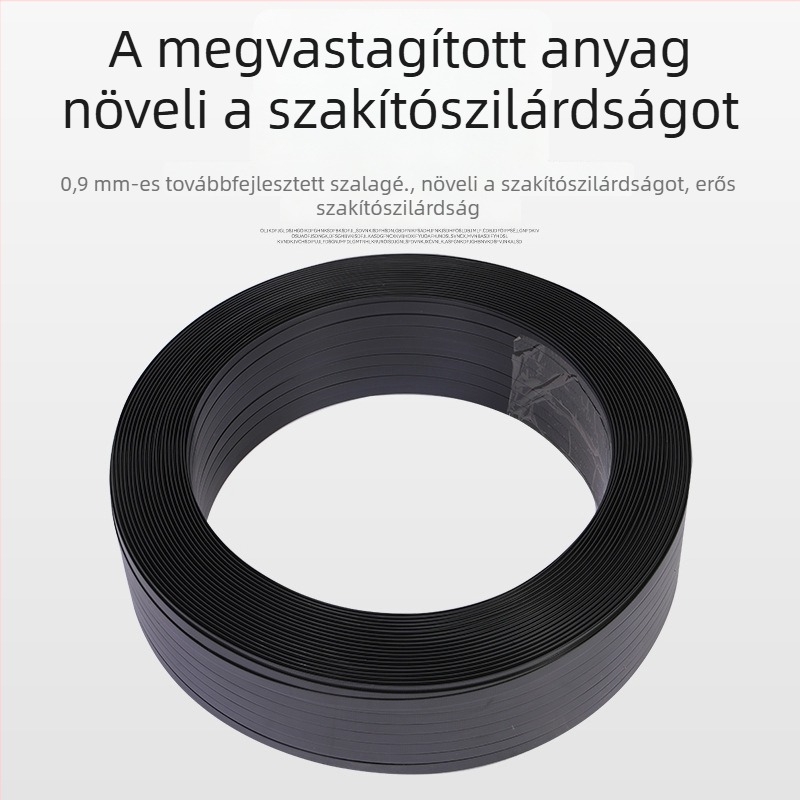 Fekete műanyag-vas csomagoló szalag, szőtt, hőre olvadó ragasztócsík
