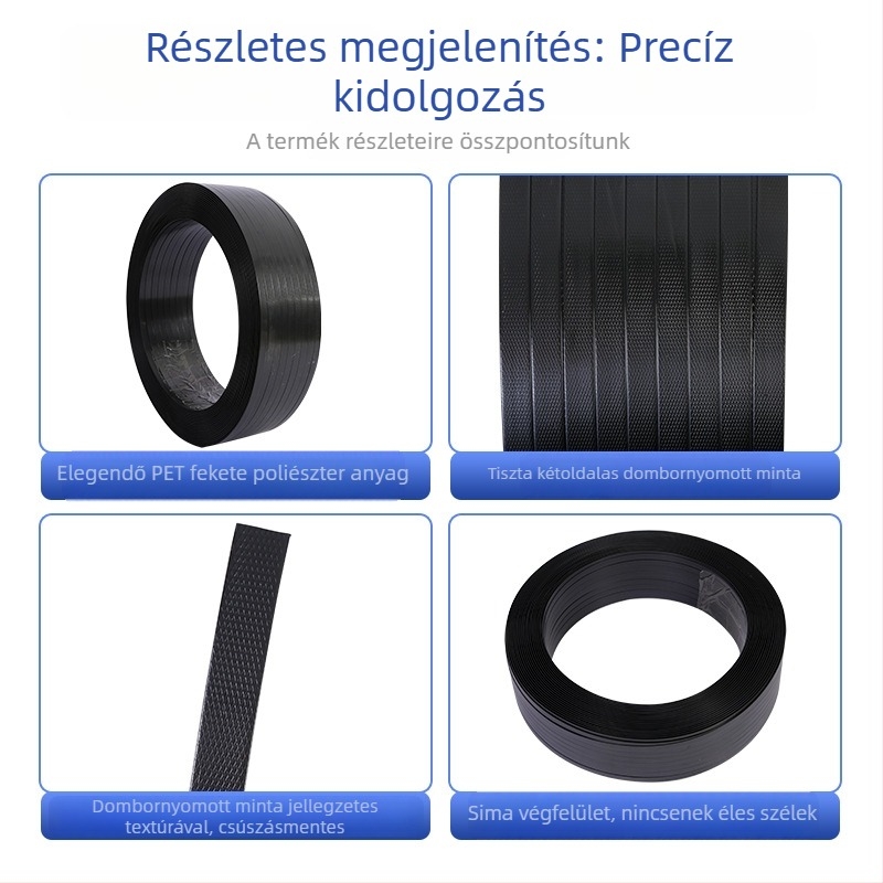 Fekete műanyag-vas csomagoló szalag, szőtt, hőre olvadó ragasztócsík