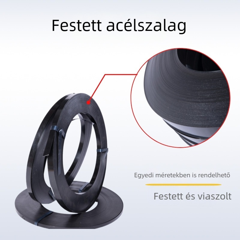 Bevonatos festett acél csomagoló heveder, fekete bevonattal, 19 mm széles, magas szilárdságú 850 MPa