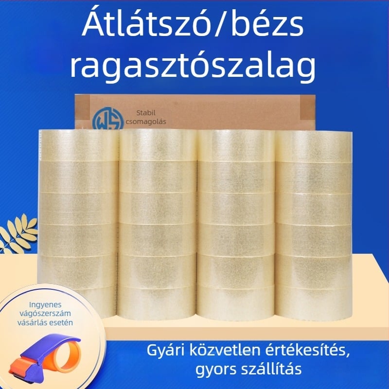 Átlátszó bézs csomagoló szalag, 4,5 cm széles, 100 m hosszú, BOPP, erős ragasztó a csomagok lezárásához