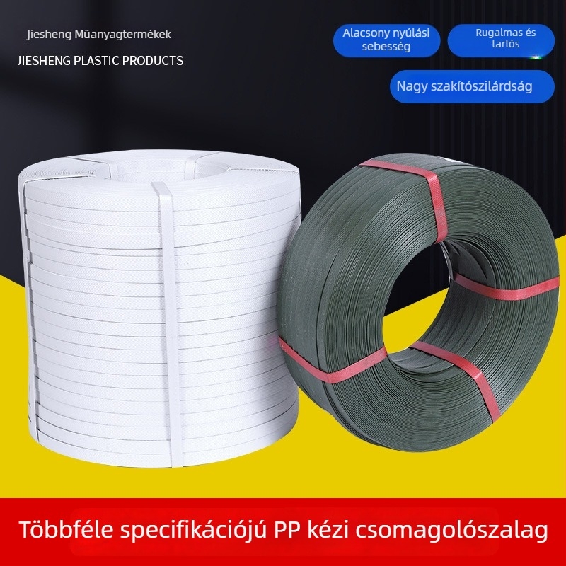 PP műanyag kézi csomagoló szalag fehér, zöld és fekete, 15 mm széles, 1,6 mm vastag, 800 m hosszú, csúszásmentes kartonok és könyvek csomagolásához