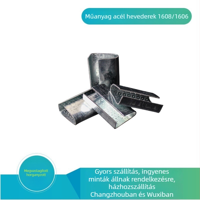 Kézi galvanizált acél csat csomagoláshoz DBK1608, 0,8 mm vastagság, 16 mm szélesség, szakítószilárdság 800 kg