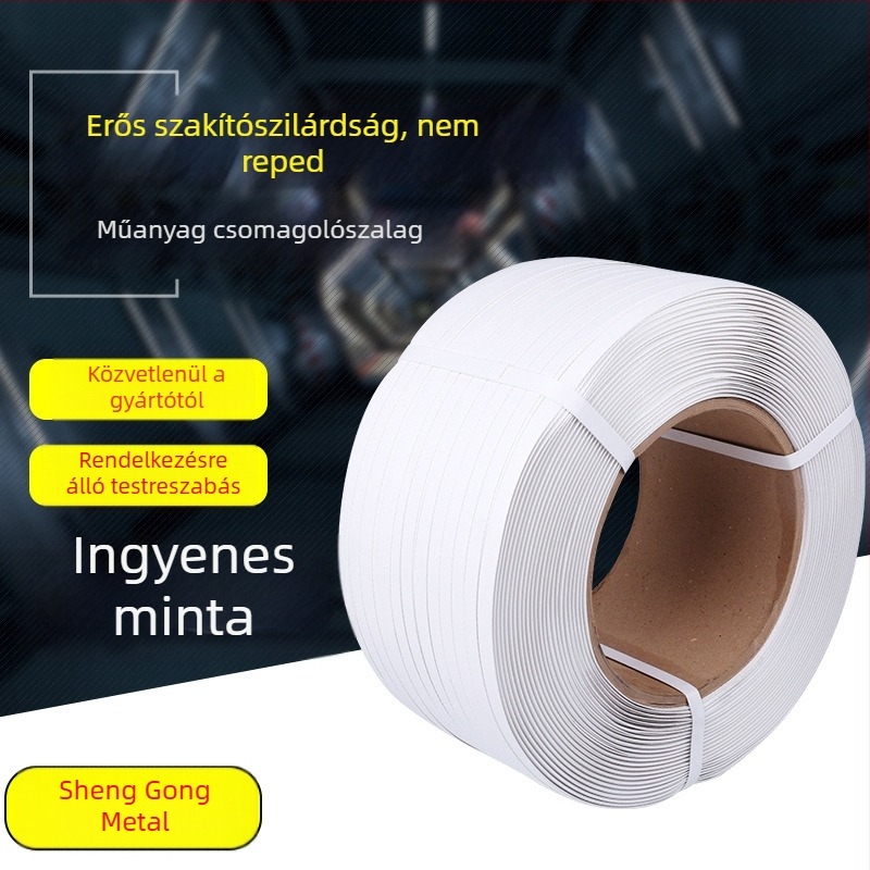Fehér/fekete domborított PET csomagoló szalag, környezetbarát, gépi típus, 0,55–0,8 mm, szakítószilárdság 160 kg