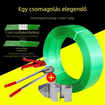 PET csomagoló heveder, szélesség 12–25 mm, vastagság 0.6–1.1 mm, zöld vagy fekete, 20 kg-os tekercs