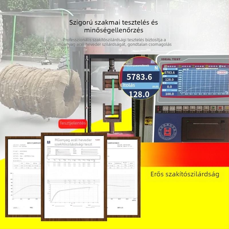 PET csomagoló heveder, szélesség 12–25 mm, vastagság 0.6–1.1 mm, zöld vagy fekete, 20 kg-os tekercs