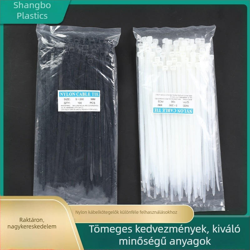 Shangbo PA66 kábelkötegelők, önzáró, 7,6 mm széles × 200 mm hosszú, fekete-fehér, modell 8×200-720, testreszabható feldolgozás