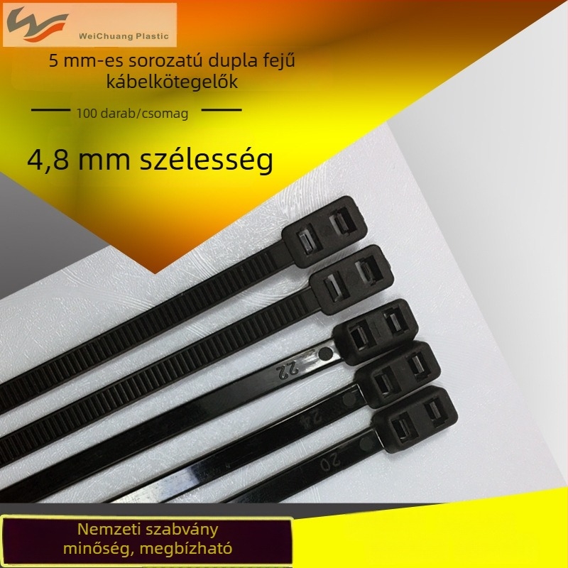 Kiváló minőségű dupla végű kábelkötegelő szalagok, 5×200 mm, 100 db, fekete, 4,8 mm szélesség, PA66 poliamid, menetes fej