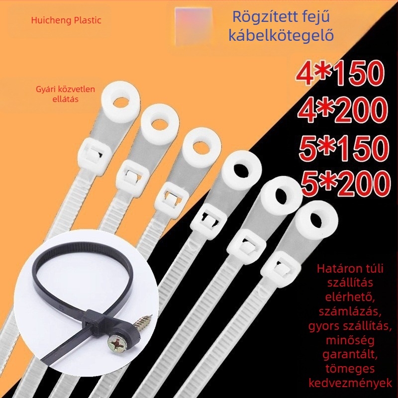 Önzáró kábelkötő szalagok rögzített fejjel, csavar- és körlyukakkal, méretek 4x150 és 5x200