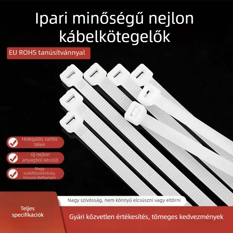 Nylon kábelkötegelők, önzáró, PA66, UV-védelem, kábelek összefogására, különböző méretek 3×5×8, minimális csomagolás 100 darab