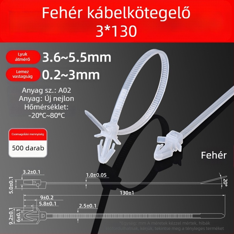 Zárható kábelkötezők nyílhegy fejjel, nylon kötözőszalagok, oldalsó szárnyas autóipari kötők