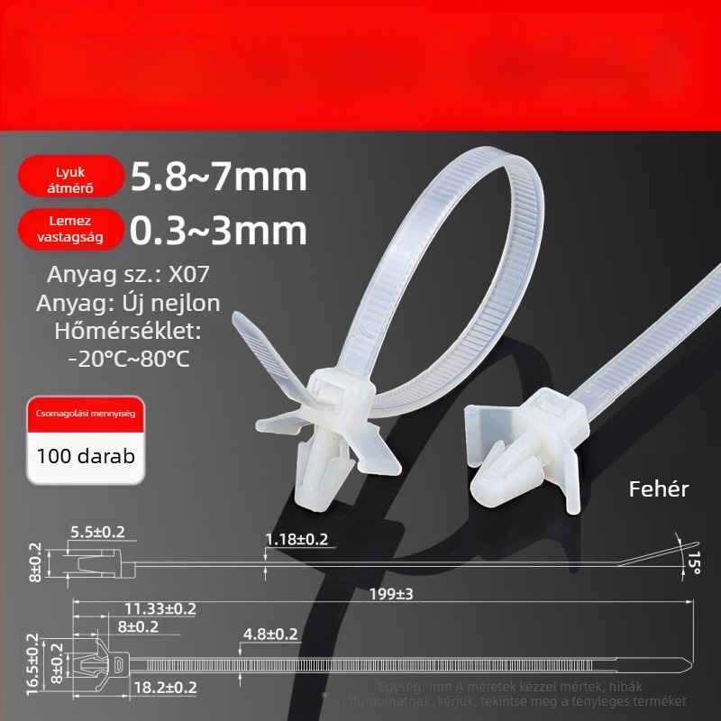 Zárható kábelkötezők nyílhegy fejjel, nylon kötözőszalagok, oldalsó szárnyas autóipari kötők