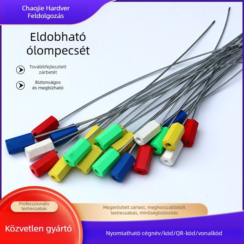 Egyszer használatos acéldrót pecsét szorító mechanizmussal, logisztikai konténerekhez és tankautókhoz