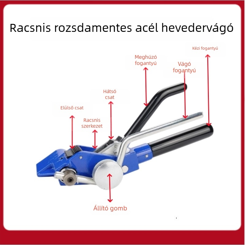 Rozsdamentes acél övpisztoly önzáró feszítővel, vágóval és eszközökhöz tartóval