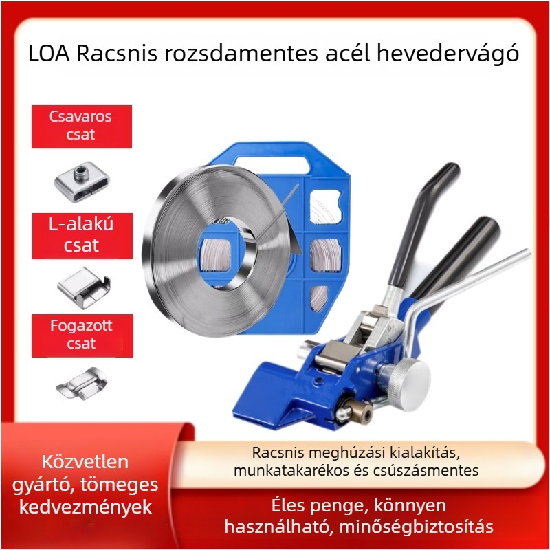 Rozsdamentes acél övpisztoly önzáró feszítővel, vágóval és eszközökhöz tartóval