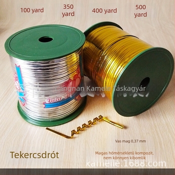 Kötöződrót tekercs arany- és ezüstszínben, 4 mm szélesség, 0,37 mm vastagság, hossz 320–457 m, csomagoláshoz és kötözéshez.