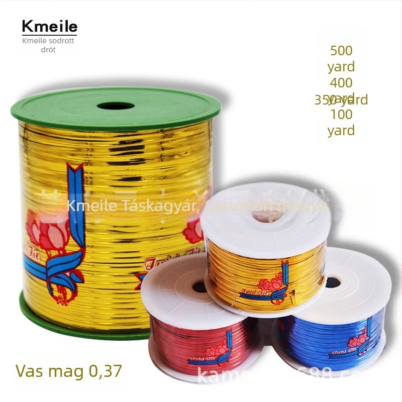 Kötöződrót tekercs arany- és ezüstszínben, 4 mm szélesség, 0,37 mm vastagság, hossz 320–457 m, csomagoláshoz és kötözéshez.