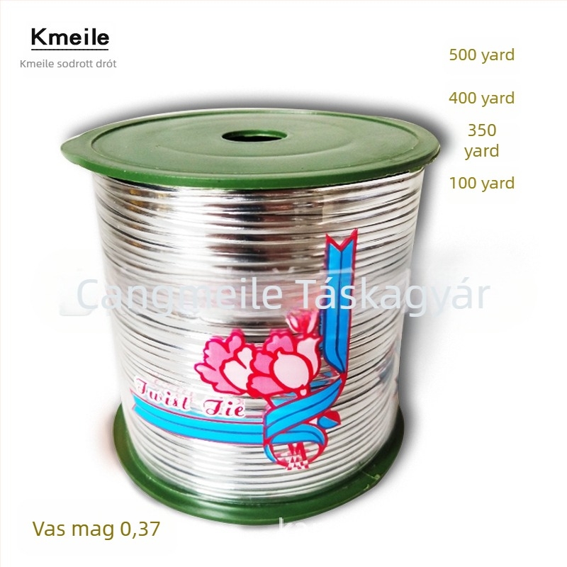Kötöződrót tekercs arany- és ezüstszínben, 4 mm szélesség, 0,37 mm vastagság, hossz 320–457 m, csomagoláshoz és kötözéshez.