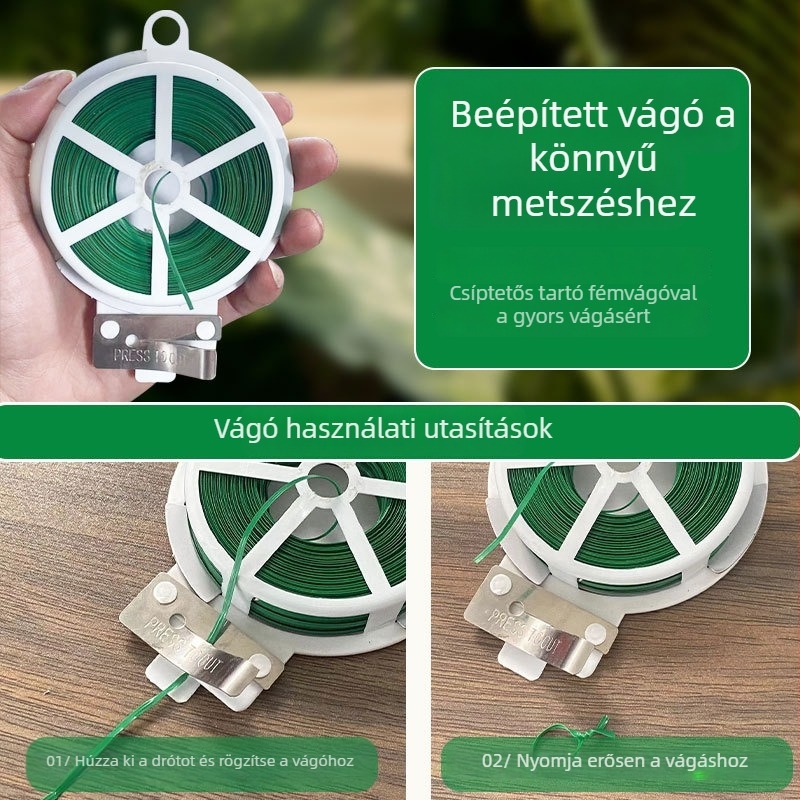 Zöld kerti kötöződrót rózsák és futónövények rögzítéséhez, növények károsítása nélkül, ideális virágkompozíciókhoz.