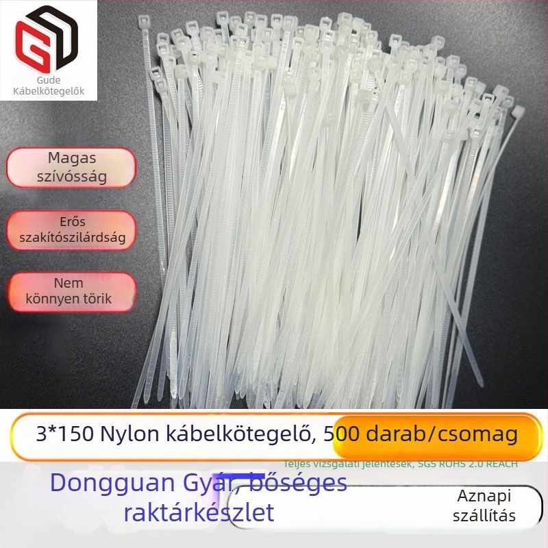 Fehér nylon önzáró kábelköteg, 3×150 mm, szélesség 2,5 mm, kábelek rendezésére